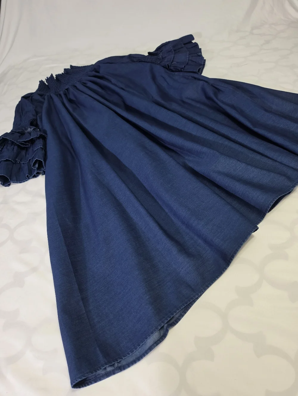 Elegant Navy Denim Off-Shoulder Dress with Ruffle Sleeves One Size